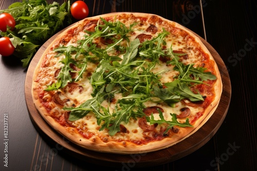 Freshly baked pizza with arugula, cheese, and tomatoes on a rustic wooden background