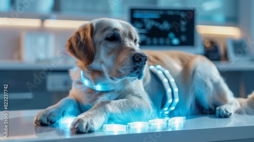 A futuristic pet wearing a hightech collar receives a microdose of medication to manage a chronic health condition automatically dispensed throughout the day. photo