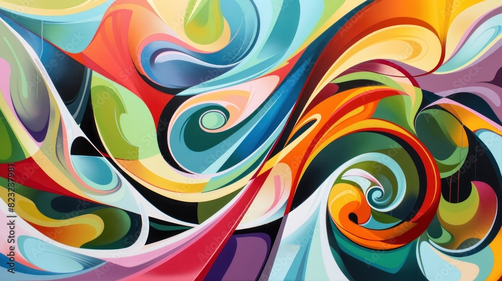 A colorful painting with swirls and curves. The colors are bright and vibrant, creating a sense of energy and movement. The painting seems to be abstract, with no clear subject or representation A colorful painting with swirls and curves. The colors are bright and vibrant, creating a sense of energy and movement. The painting seems to be abstract, with no clear subject or representation