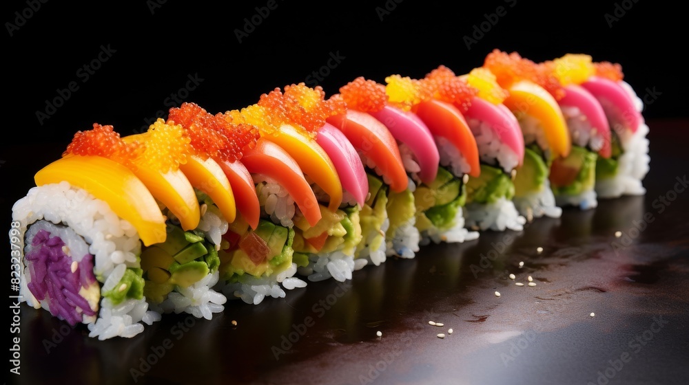 Colorful sushi roll vibrant rainbow presentation Colorful sushi roll vibrant rainbow presentation