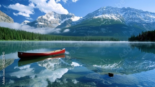 A red canoe sits in a lake surrounded by mountains. The scene is peaceful and serene  with the water reflecting the beauty of the mountains