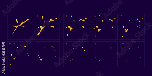 Fruits splash animation. Juice explode effect for animation, sprite sheet for game, cartoon or animation fire burst explosion.-vector