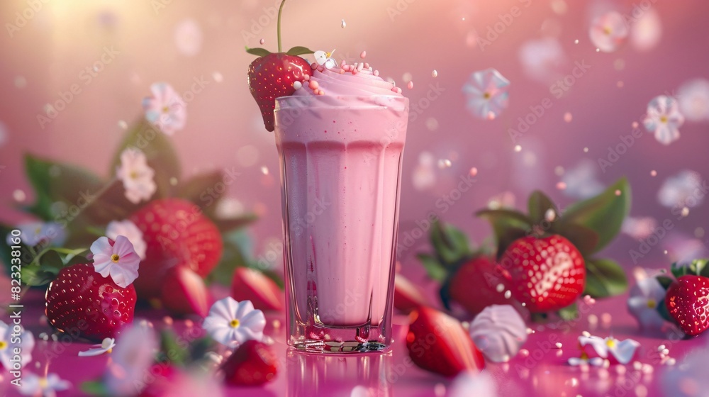A glass of strawberry milkshake with whipped cream 