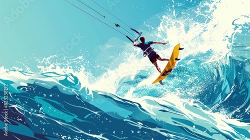 A Kite Surfer Catching Air Above The Waves On A Windy Day  Cartoon  Flat color