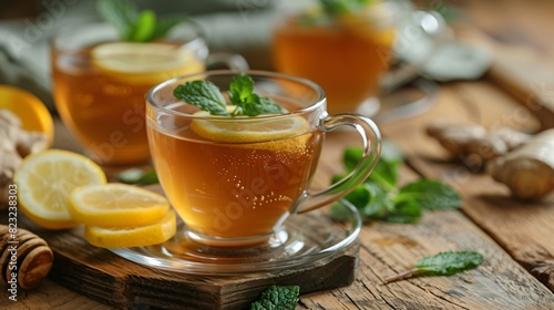 cups of green tea on a wooden table with lemons