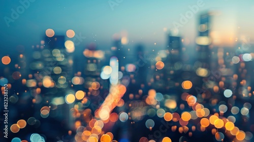 A city skyline with a blurry background and a bright orange light. The city is lit up at night, creating a warm and inviting atmosphere