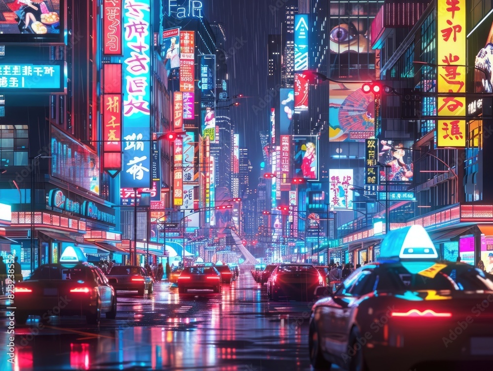 Vibrant City Street at Night with Neon Lights and Digital Advertisements