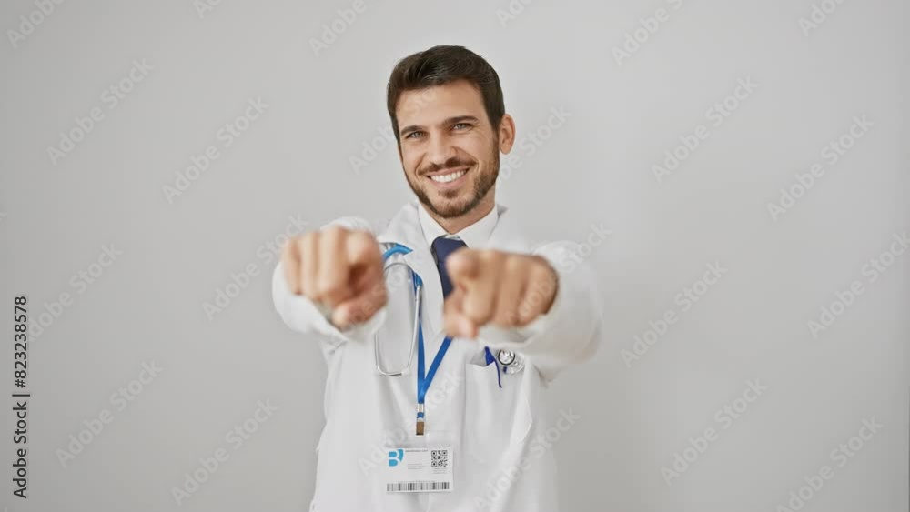 Cheerful young hispanic doctor confident and joyfully pointing at the camera. wearing a stethoscope, his positive smile illuminates the isolated white background. his gesture hand picked you. Cheerful young hispanic doctor confident and joyfully pointing at the camera. wearing a stethoscope, his positive smile illuminates the isolated white background. his gesture hand picked you.