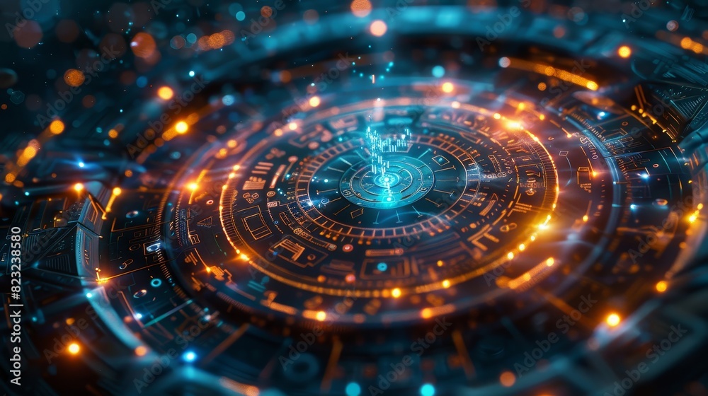 Futuristic digital interface with glowing blue and orange elements, representing advanced technology and data visualization in a cyber environment. Futuristic digital interface with glowing blue and orange elements, representing advanced technology and data visualization in a cyber environment.