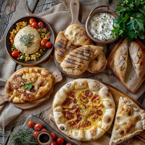 Georgian Food, Adjarian Khachapuri Dishes Set, Kutabs, Chebureks on Rustic Tablecloth Burlap Background