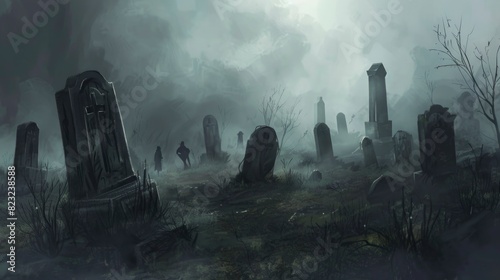 A graveyard with many gravestones and a cross. Scene is eerie and spooky