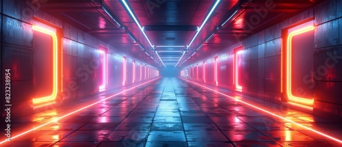 Abstract technology background. The neon lights cast intricate patterns on the walls of the tunnel like ancient runes waiting to be deciphered. photo