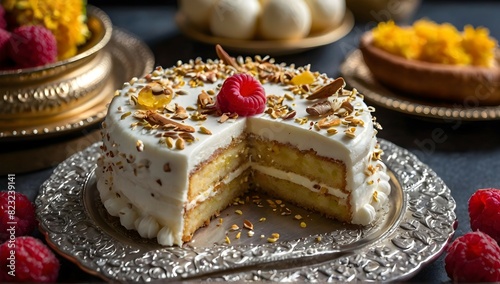 A close-up shot of an exquisitely decorated confection from Gokul  showcasing its delicious sweetness. It could be a mouthwatering slice of cake  a scoop of ice cream with toppings  or a plate of fres