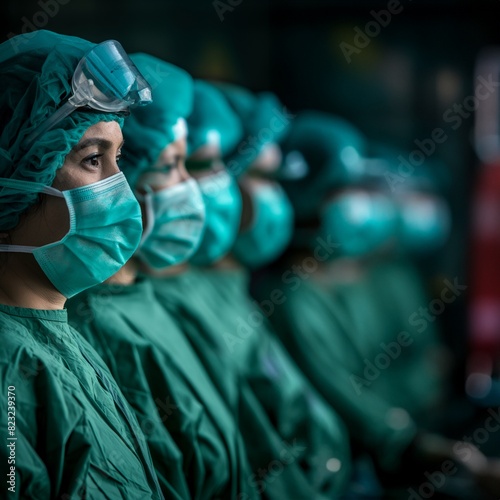 Ärzte Team mit Atemschutzmaske und Schutzanzug zur Seuchenbekämpfung photo