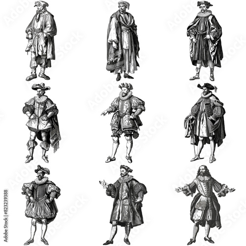 Eight vintage engravings of Caucasian men in historical European costumes, isolated on a transparent background, ideal for theatrical, costume design, and history-themed projects