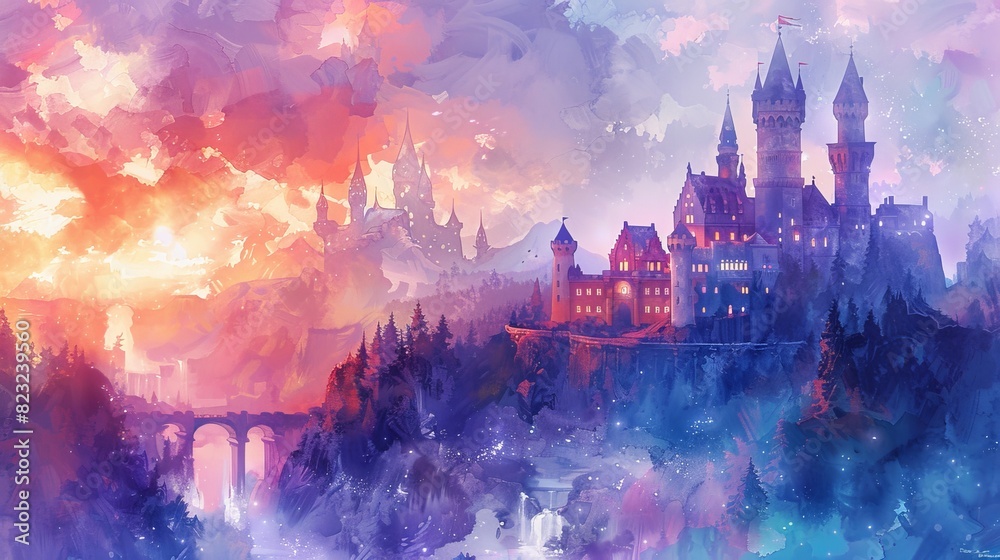 Enchanting fantasy castle at sunset with vibrant colors and dreamy atmosphere. Perfect for fairytale and magical themes.
