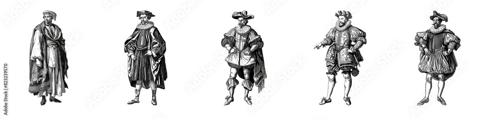 Fototapeta premium Five vintage illustrations of men in 16th-century European attire isolated on a transparent background, suitable for historical education and Renaissance fairs
