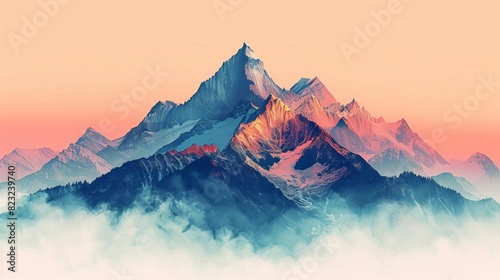 Peace and serenity mountain peak view flat design side view summit serenity theme water color colored pastel photo