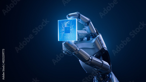 Metal Hand of Humanoid Robot is Holding Innovative and Advanced Microchip. Humanoid Robot Hand with Glowing Futuristic Processor. Cooperation with Artificial Intelligence