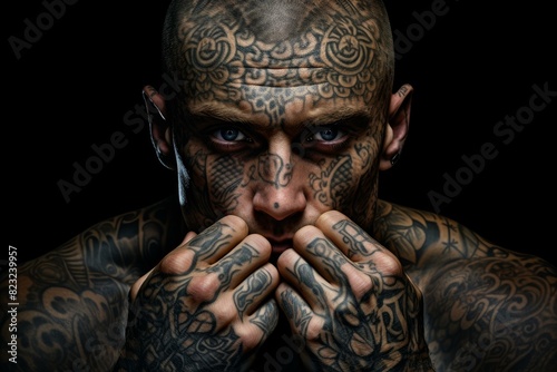 Exotic Tattooed tribe man portrait. Face body senior face claw. Generate Ai
