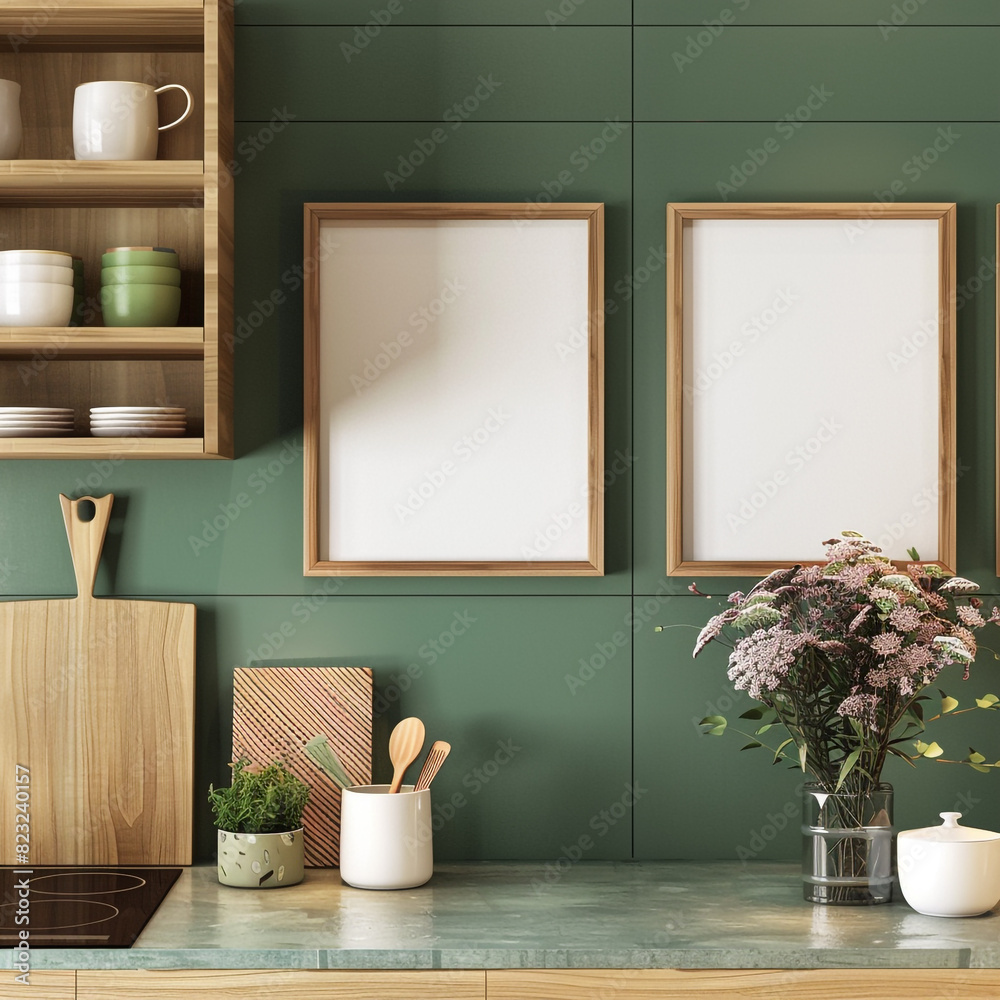 Contemporary wood design in a Paris green kitchen with compact rectangular blank frame mockups.