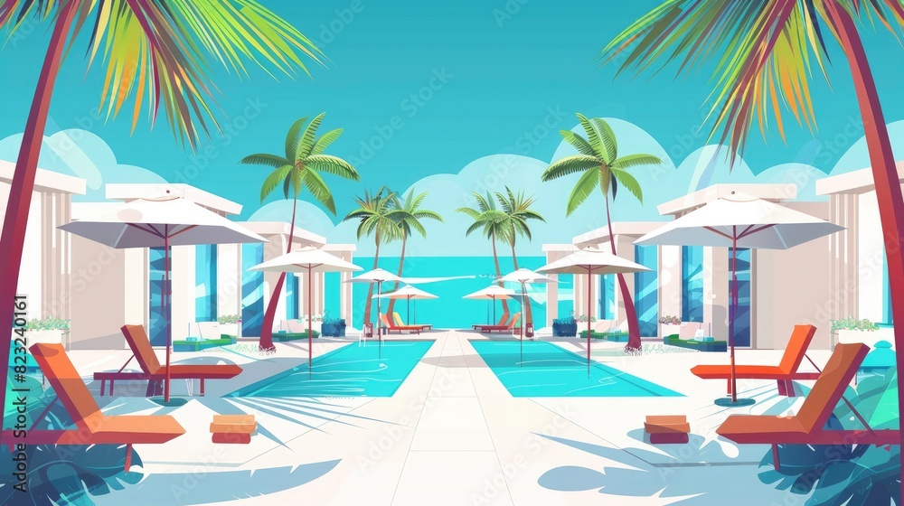A Luxurious Beach Resort With Cabanas And Poolside Service, Cartoon ,Flat color