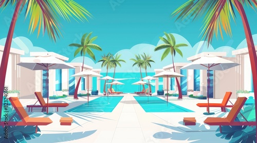 A Luxurious Beach Resort With Cabanas And Poolside Service, Cartoon ,Flat color