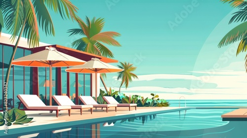 A Luxurious Beach Resort With Cabanas And Poolside Service, Cartoon ,Flat color © Moon Art Pic