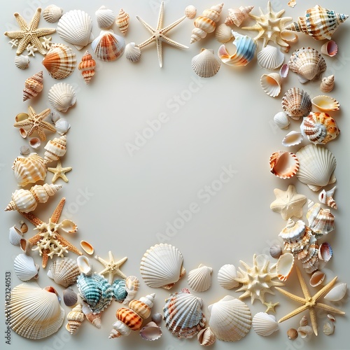 Whimsical Seashell Frame Ideal for Beach Themed Decor on Light Background © Thares2020