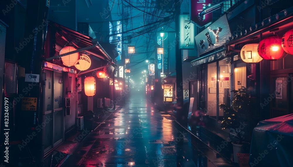 Futuristic cityscape in a cyberpunk setting, rain-soaked streets reflecting neon signs and holographic billboards, dark alleys with flickering light