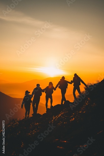 People holding hands and working together to climb to the top of a mountain where the sunrise rises