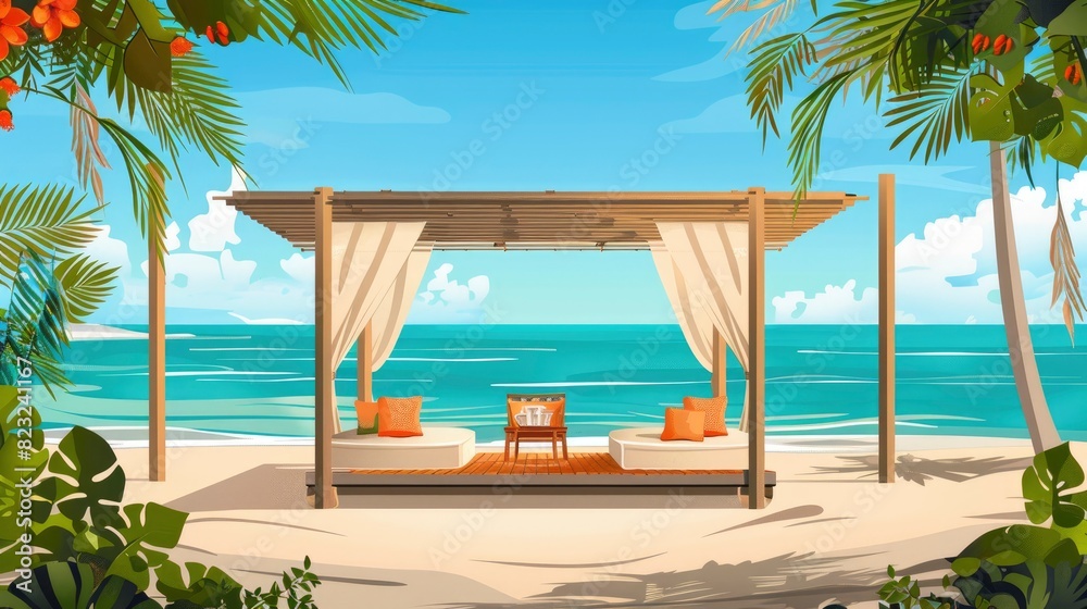 A Luxurious Beachfront Cabana With Plush Seating And A View Of The Ocean, Cartoon ,Flat color