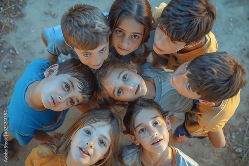 Top view of group of kids looking at camera and smiling while lying on ground