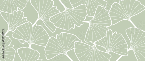 Abstract foliage line art vector background. Leaf wallpaper of tropical leaves, leaf branch, ginkgo, plant in hand drawn pattern. Botanical jungle illustrated for banner, prints, decoration, fabric.