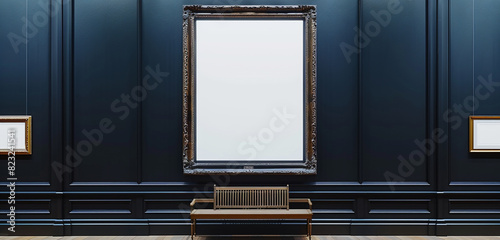 Art space with a large frame on a deep navy wall, sleek and professional. photo