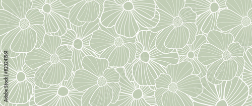 Abstract flower line art background vector. Natural botanical elegant wildflower on green background. Design illustration for decoration, wall decor, wallpaper, cover, banner, poster, card.