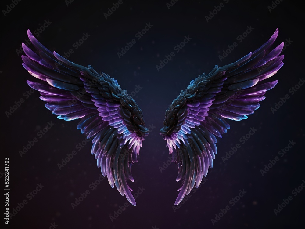 Beautiful magic angel wings spread wide in the dark background. 3D illustration of purple and black fantasy wings Beautiful magic angel wings spread wide in the dark background. 3D illustration of purple and black fantasy wings