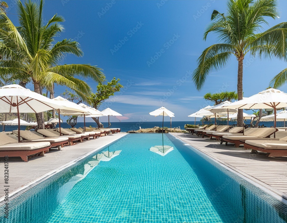 panoramic holiday landscape luxury beach poolside resort hotel swimming pool beach chairs beds umbrellas palm trees relax lifestyle blue sunny sky summer island seaside leisure travel vacation