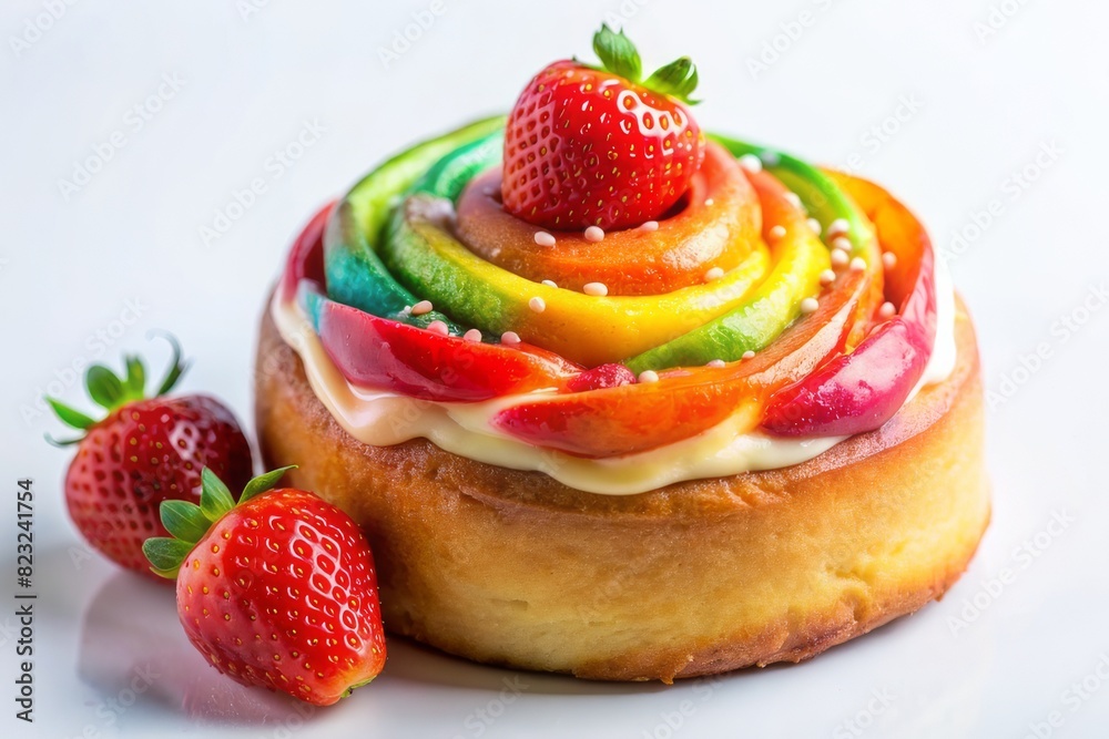 One cinnamon roll rainbow with strawberry isolated on white background, sweet bun, cromboloni One cinnamon roll rainbow with strawberry isolated on white background, sweet bun, cromboloni