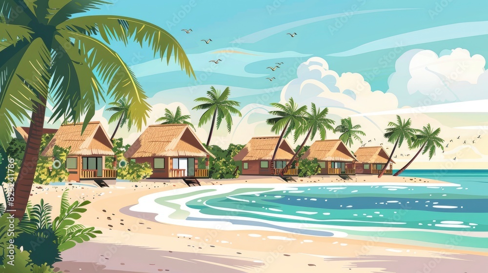 A Luxury Beach Resort With Thatched-Roof Huts And Palm Trees Swaying In The Breeze, Cartoon ,Flat color