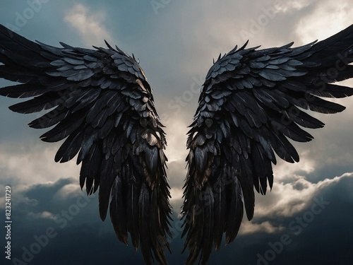 Beautiful magic angel wings spread wide on plain background. 3D illustration of black fantasy wings