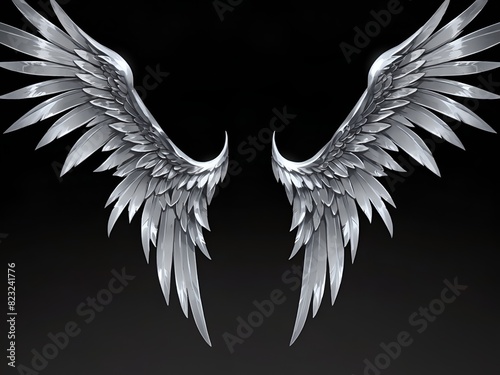 Beautiful magic angel wings spread wide on black background. 3D illustration of silver fantasy wings
