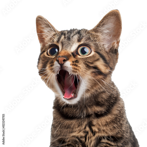 Surprised tabby cat with wide eyes and open mouth, isolated on a transparent background, perfect for pet care concepts and National Cat Day promotions