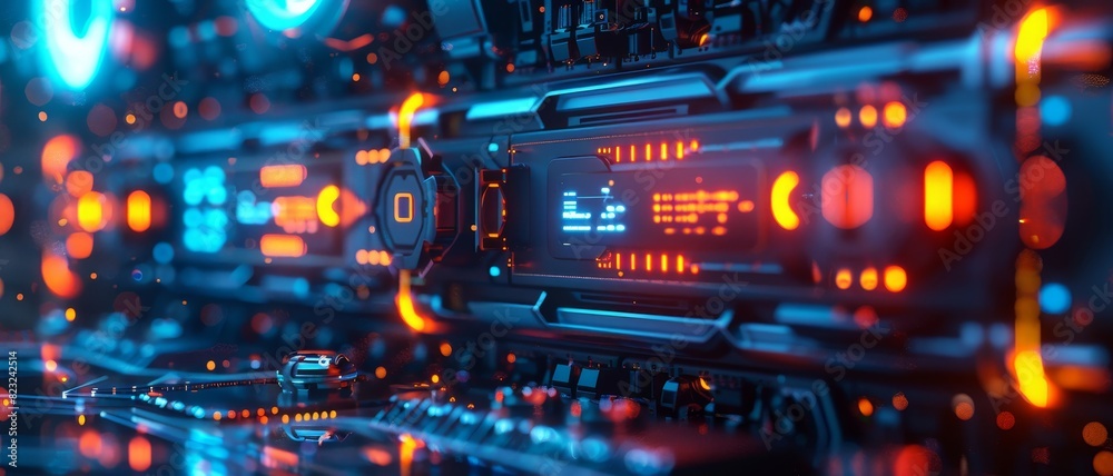 Obraz premium Close-up of futuristic data storage servers with glowing lights in a high-tech facility. Perfect for technology and data management themes.