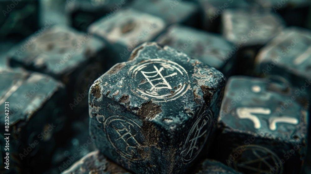 Close-up of ancient engraved stone blocks with mysterious symbols, creating a mystical and historical atmosphere. Close-up of ancient engraved stone blocks with mysterious symbols, creating a mystical and historical atmosphere.