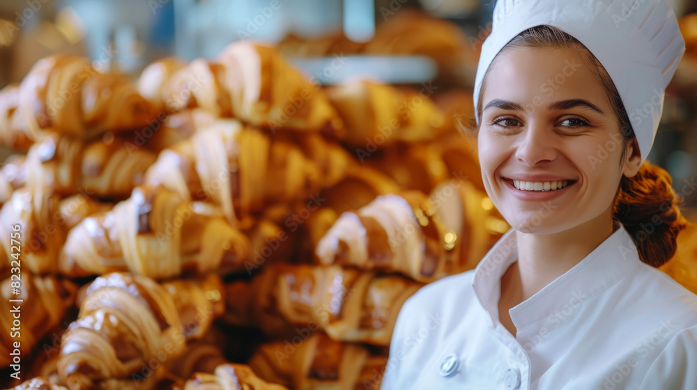 smiling beautiful female confectioner in uniform ,standing near a pile of fresh croissants 