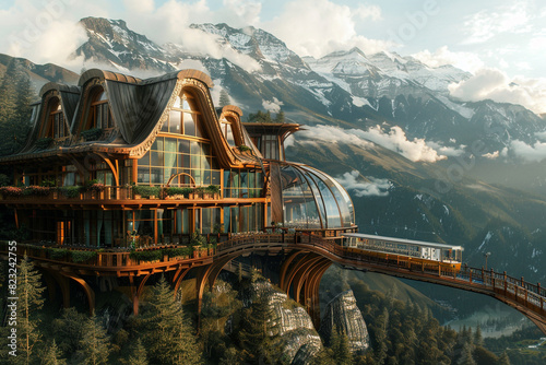 Visualize an aweinspiring wooden architectural edifice, home to a gondola and restaurant Crafted by AI 