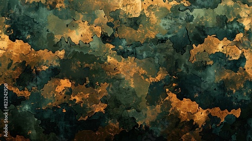 An abstract art piece featuring camouflage patterns in various shades of green, brown, and black photo