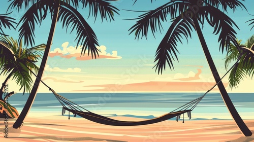 A Peaceful Beach With Hammocks Strung Between Coconut Trees  Cartoon  Flat color