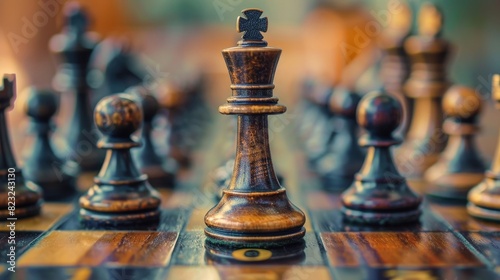 Close-up of a wooden chess board and pieces during a game, emphasizing the king piece and the strategic nature of chess.